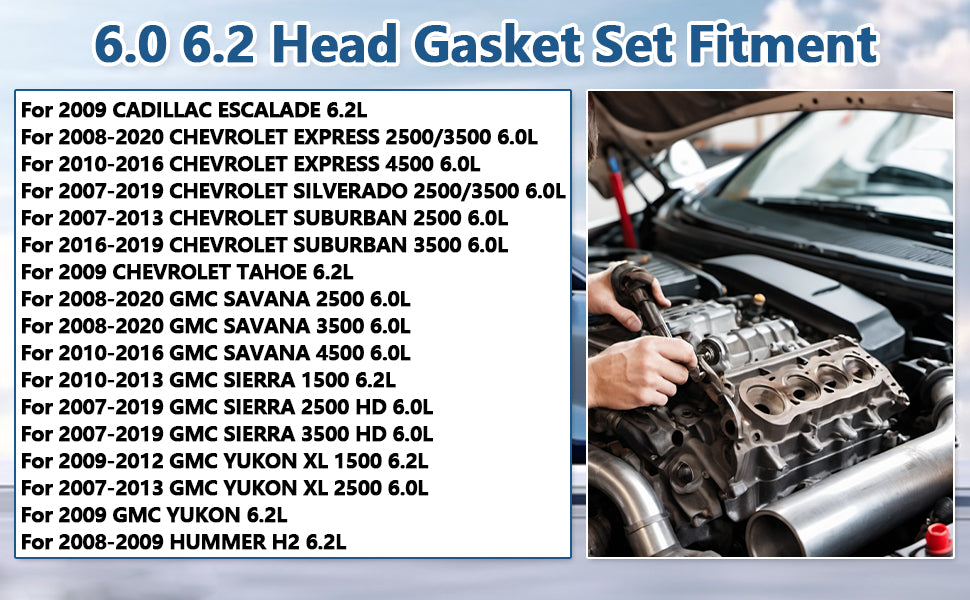2007-2020 GM 6.0L 6.2L V8 MLS Cylinder Head Gasket Set w/ Head Bolts (For Silverado 2500HD 3500HD, Sierra, Express, Escalade)