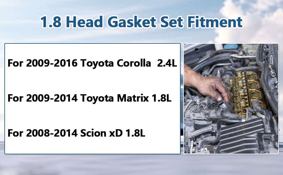 2008-2016 Toyota Pontiac 1.8L 2ZR-FE MLS Cylinder Head Gasket Set w/ Head Bolts (For Corolla, Prius, Matrix, Vibe)
