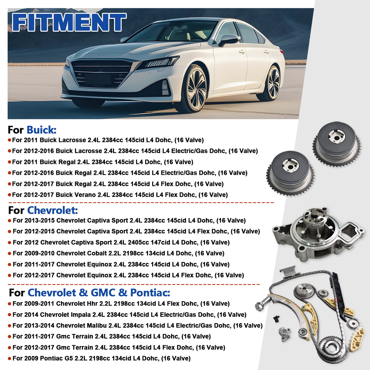 Btscar LTKIT-026 master timing chain kit vehicle fitment list for GM 2.2L 2.4L Ecotec engines in Chevy Equinox Malibu and GMC Terrain.