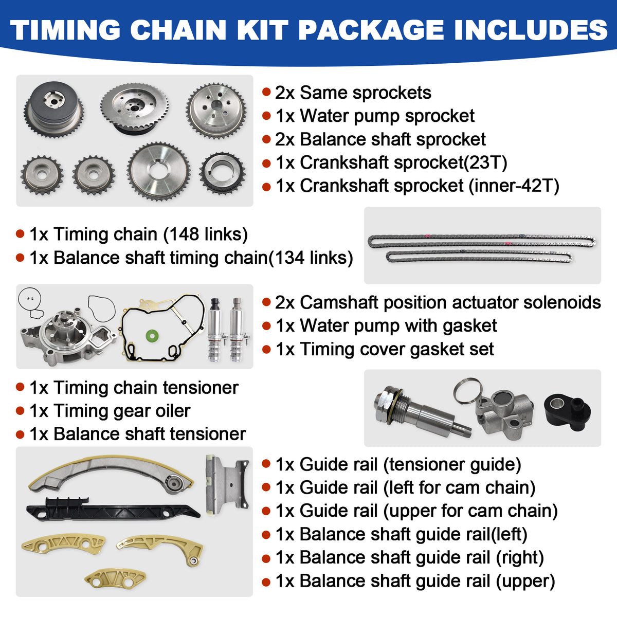 Btscar LTKIT-026 master timing chain kit package breakdown with gears and water pump for GM 2.2L 2.4L Ecotec Chevy Equinox Malibu GMC Terrain.