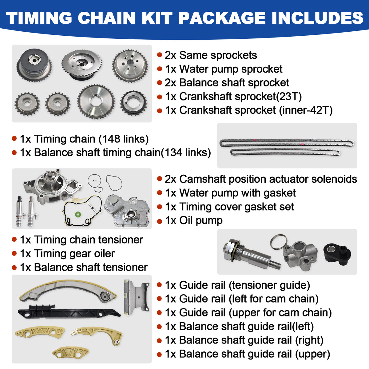 Btscar LTKIT-027 timing chain kit package includes VVT solenoids, oil pump, and water pump for GM 2.2L 2.4L Ecotec.