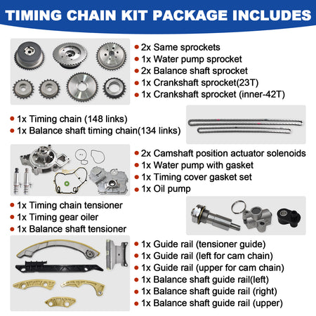 Btscar LTKIT-027 timing chain kit package includes VVT solenoids, oil pump, and water pump for GM 2.2L 2.4L Ecotec.