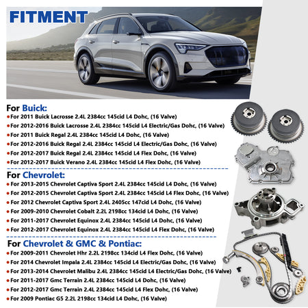 Btscar LTKIT-027 timing chain kit vehicle fitment guide for GM 2.2L 2.4L Ecotec Chevy Equinox GMC Terrain.