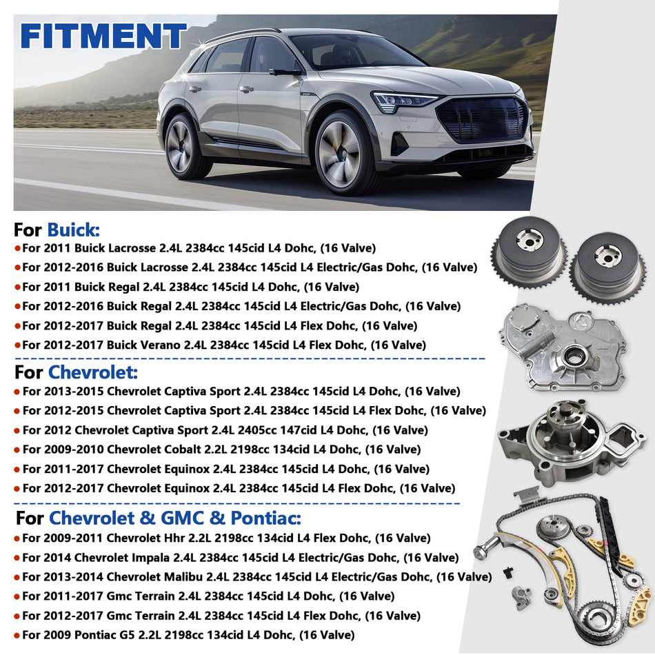 Btscar LTKIT-027 timing chain kit vehicle fitment guide for GM 2.2L 2.4L Ecotec Chevy Equinox GMC Terrain.