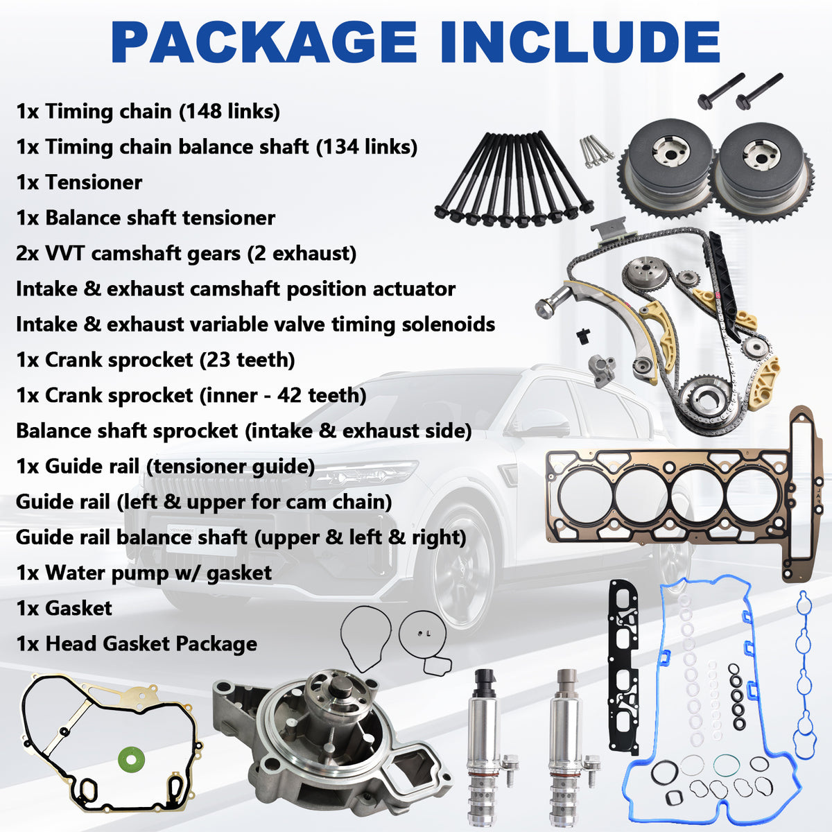 Btscar LTKIT-028 master timing chain kit package includes VVT solenoids and head gaskets for GM 2.2L 2.4L Ecotec.