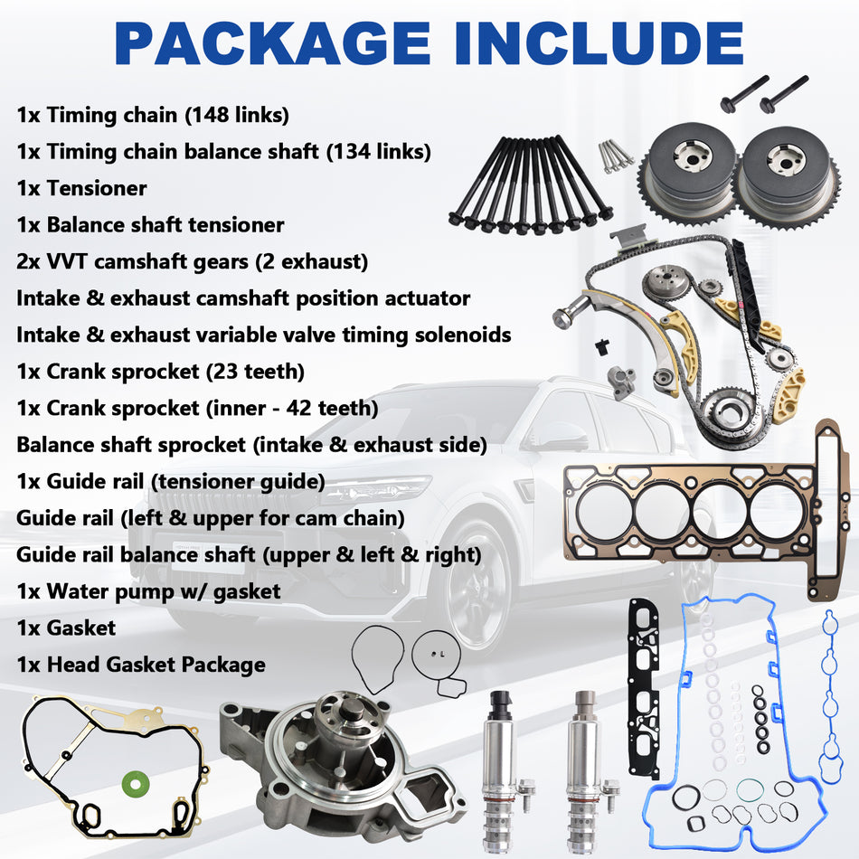 Btscar LTKIT-028 master timing chain kit package includes VVT solenoids and head gaskets for GM 2.2L 2.4L Ecotec.