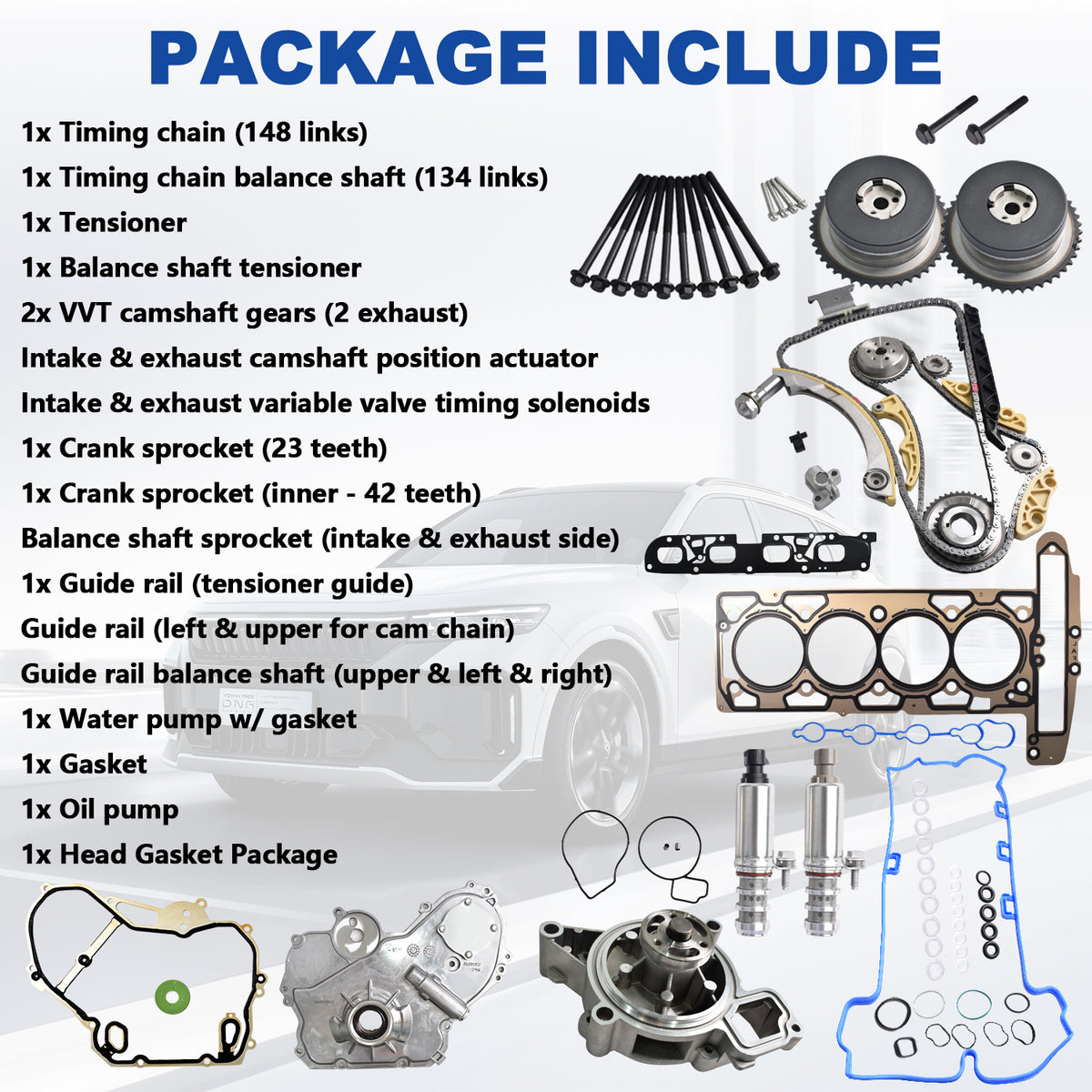 Btscar LTKIT-029 complete master timing chain kit featuring VVT solenoids, water pump, oil pump, and head gaskets for GM 2.2L 2.4L Ecotec.