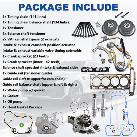 Btscar LTKIT-029 complete master timing chain kit featuring VVT solenoids, water pump, oil pump, and head gaskets for GM 2.2L 2.4L Ecotec.