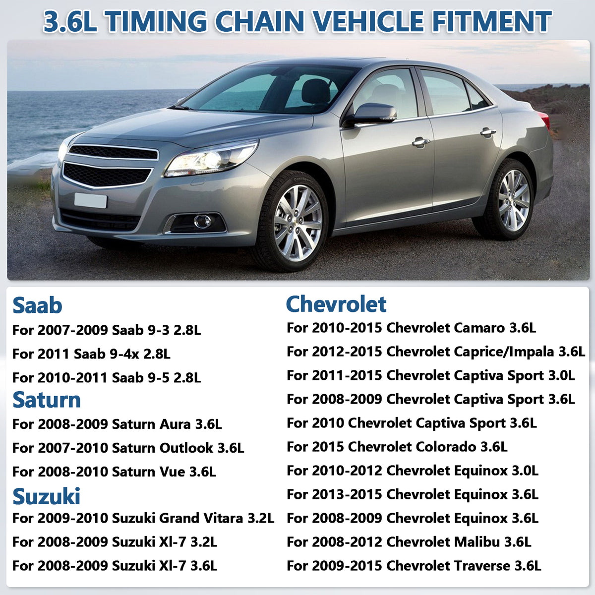 Btscar LTKIT-030 master timing chain kit compatible vehicles fitment list for Chevy, Saturn, Suzuki, and Saab 3.6L V6 engines.