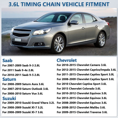 Btscar LTKIT-030 master timing chain kit compatible vehicles fitment list for Chevy, Saturn, Suzuki, and Saab 3.6L V6 engines.