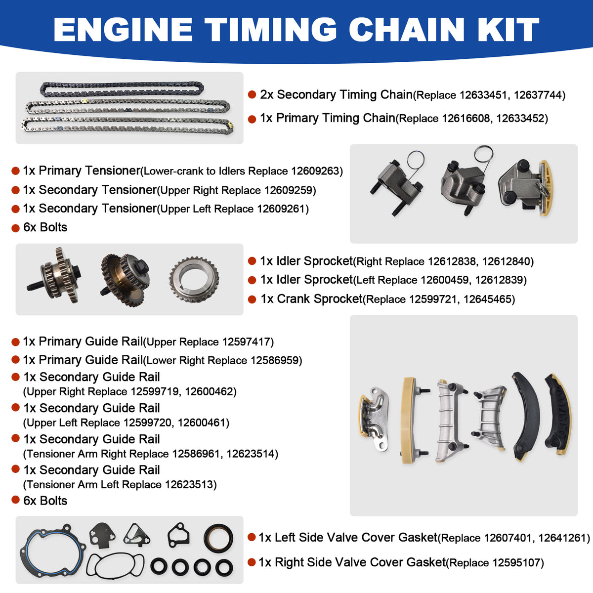 Btscar LTKIT-030 engine timing chain kit detailed breakdown with OE replacement numbers for GM 3.0L 3.6L V6 rebuilds.