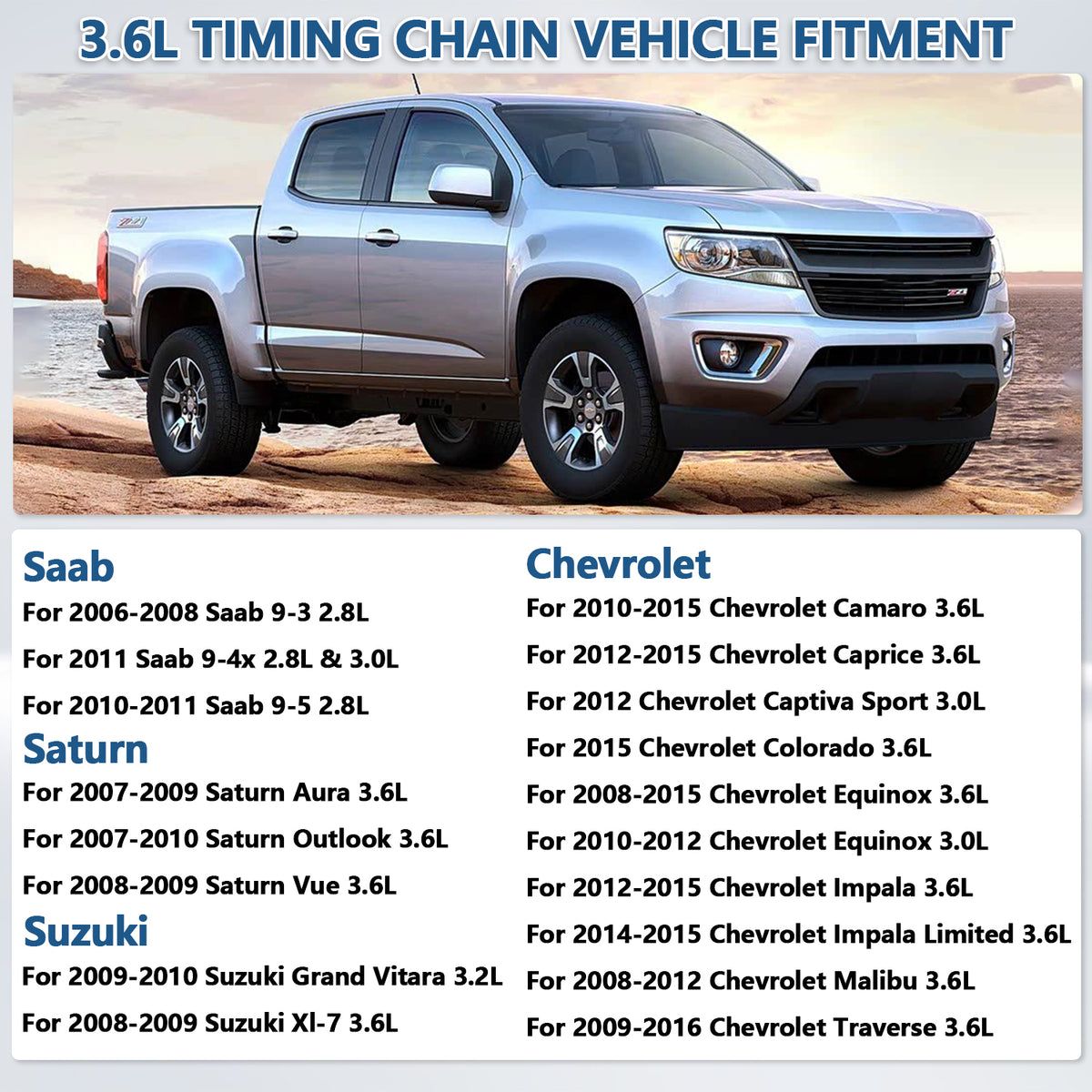 Btscar LTKIT-032 master timing chain kit vehicle fitment list for GM HFV6 3.0L 3.6L Chevy Camaro Traverse.