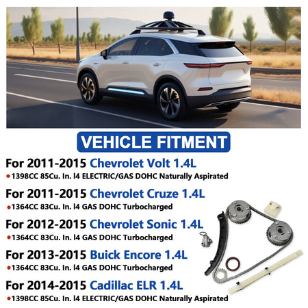 Btscar LTKIT-033 timing chain kit vehicle fitment list for 1.4L Ecotec Chevy Volt Cruze and Buick Encore.
