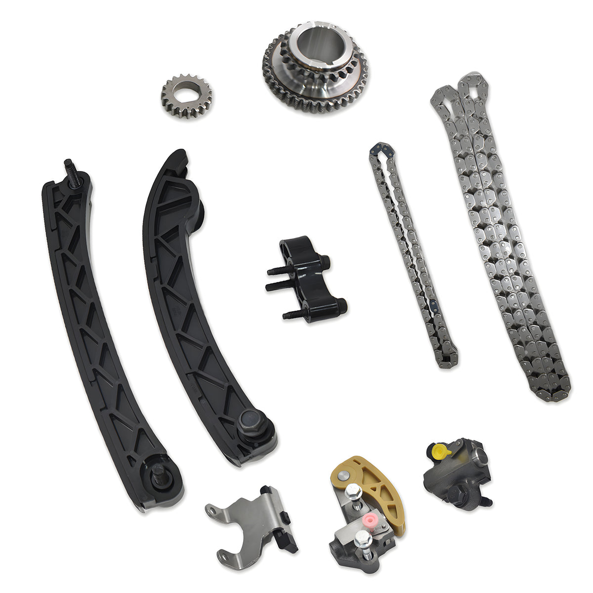 Btscar LTKIT-034 engine timing chain components layout including chains, guides, and sprockets for GM 2.0L 2.5L Ecotec.