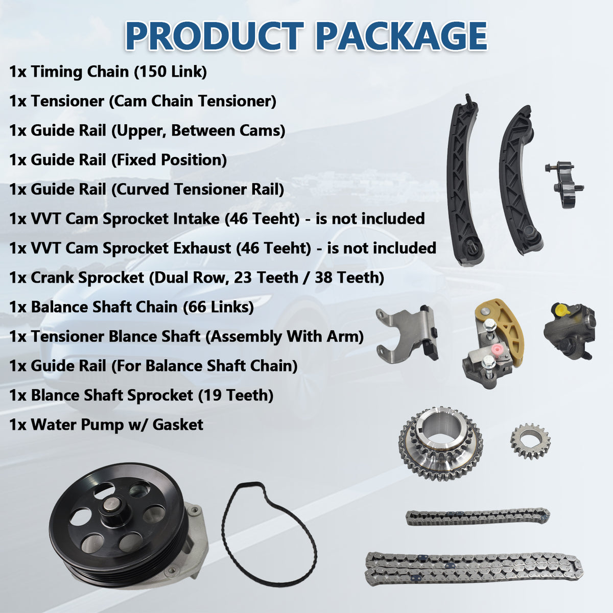 Btscar LTKIT-034 master timing chain kit package includes chains, sprockets, and water pump for GM 2.0L 2.5L Ecotec.