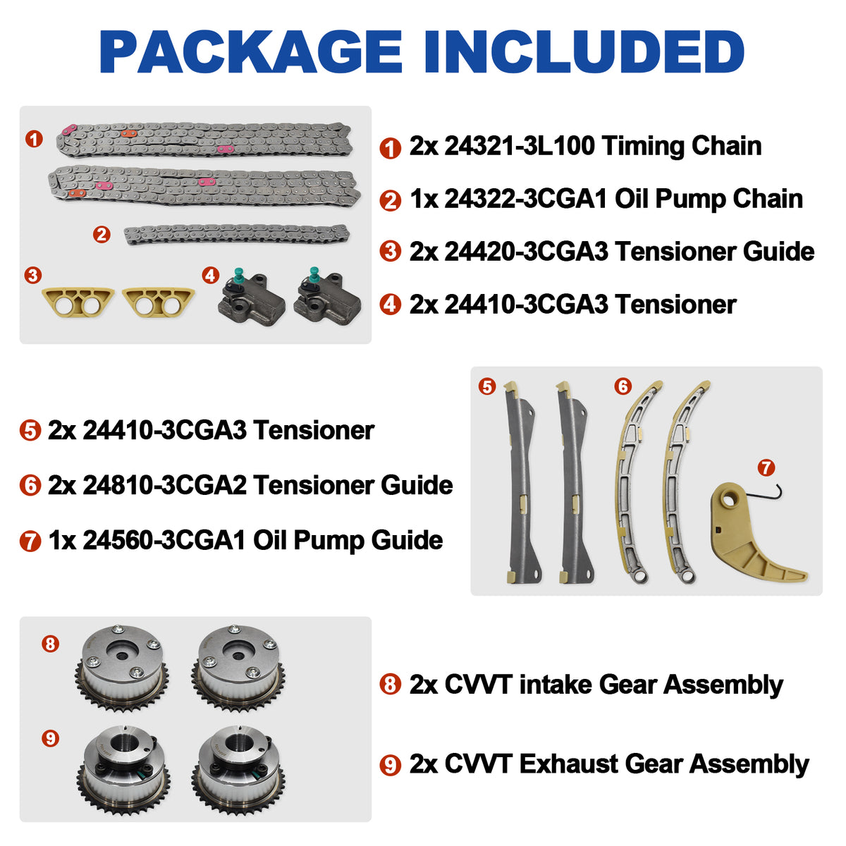 Detailed package contents of Btscar LTKIT-036 Timing Chain Kit VVT Gears for 3.3L 3.8L Lambda V6 Engine