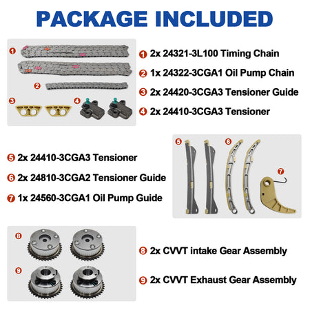 Detailed package contents of Btscar LTKIT-036 Timing Chain Kit VVT Gears for 3.3L 3.8L Lambda V6 Engine