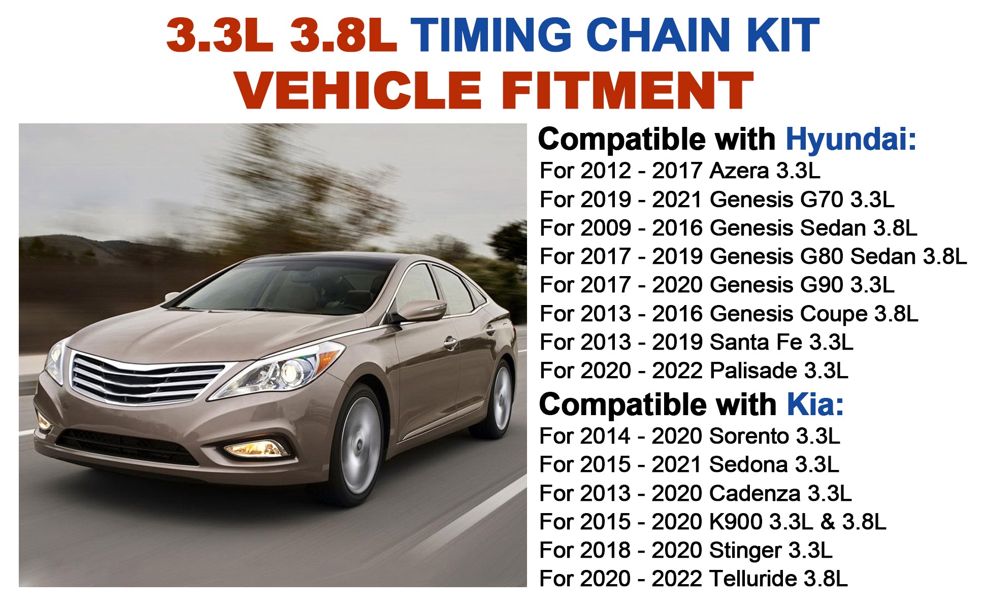 2009-2022 Hyundai Kia 3.3L 3.8L Lambda V6 Master Timing Chain Kit w/ 4 VVT Phasers (For Santa Fe, Palisade, Telluride, Genesis)