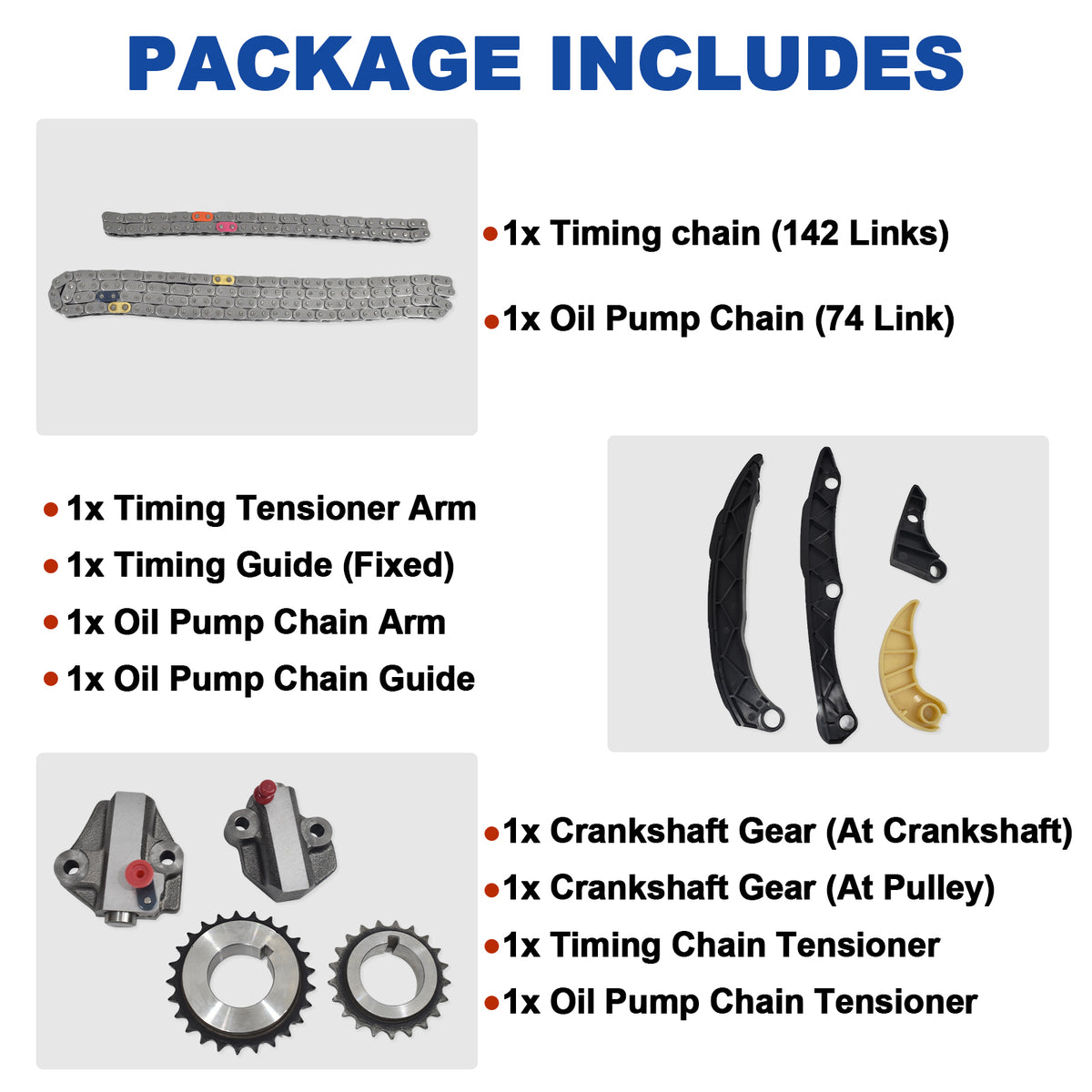 Detailed package contents of Btscar LTKIT-038 Timing Chain Oil Pump Chain for 2.0L 2.4L Theta II Engine