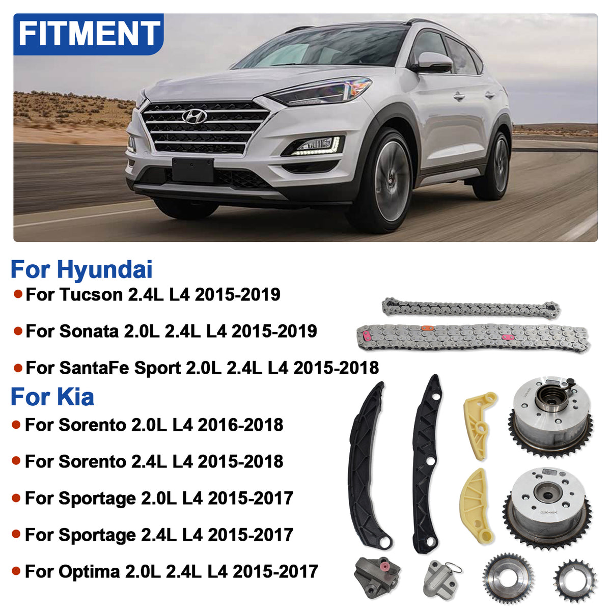 Btscar LTKIT-041 Timing Chain Kit fitment for Hyundai Sonata Santa Fe Kia Optima Sorento 2.0L 2.4L Theta II Engine