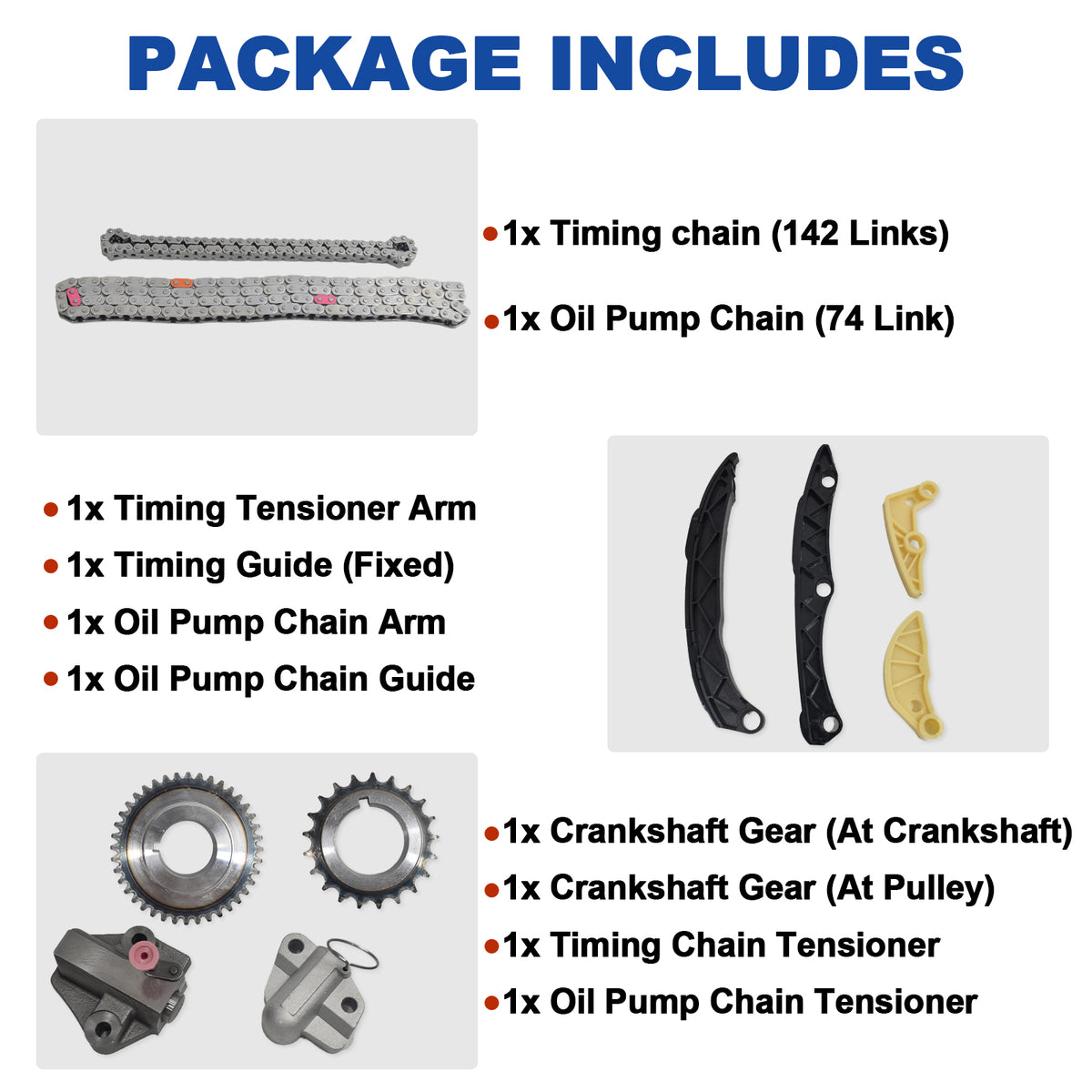 Detailed package contents of Btscar LTKIT-041 Timing Chain Oil Pump Chain for 2.0L 2.4L Theta II Engine