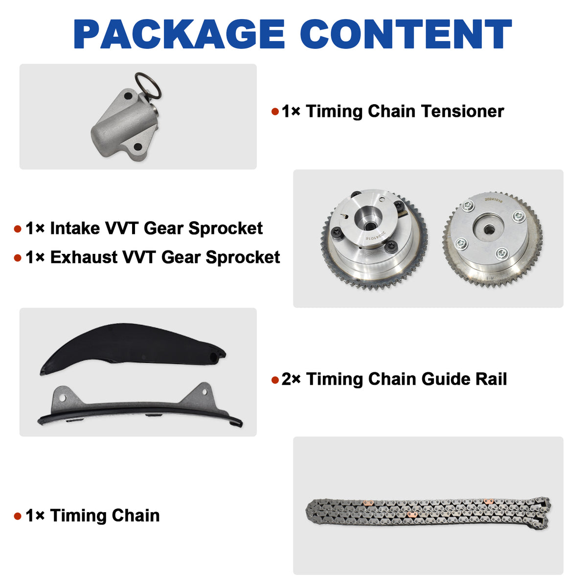 Package content of Btscar LTKIT-044 Timing Chain Tensioner and Guide Rail for 1.8L 2.0L Nu Engine