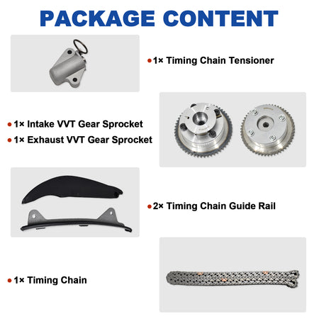Package content of Btscar LTKIT-044 Timing Chain Tensioner and Guide Rail for 1.8L 2.0L Nu Engine