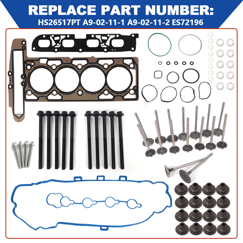 Btscar QZKIT-001 GM 2.4L cylinder head gasket set, valves, and head bolts for engine repair.