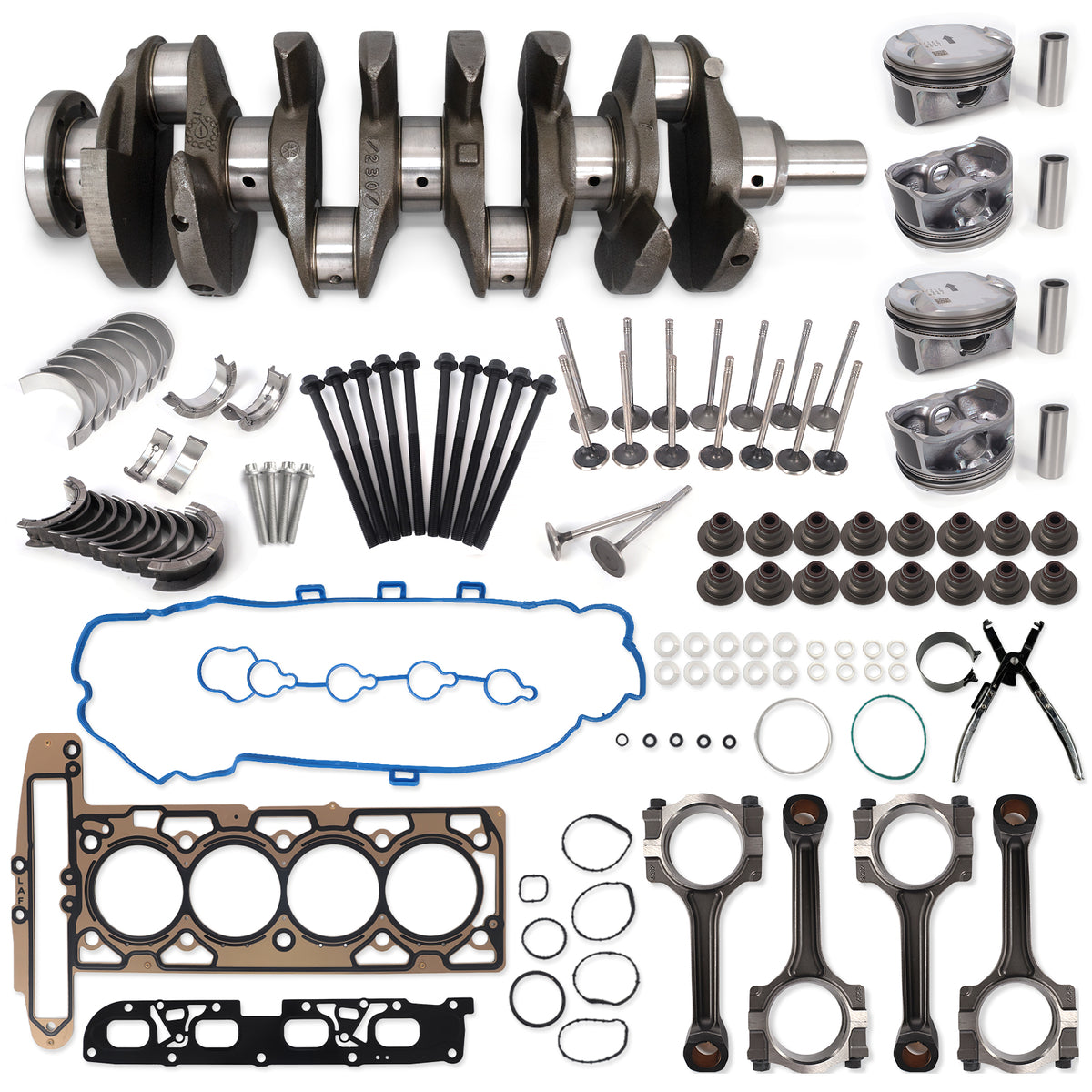 Btscar QZKIT-001 complete GM 2.4L engine rebuild kit with crankshaft, pistons, and connecting rods.