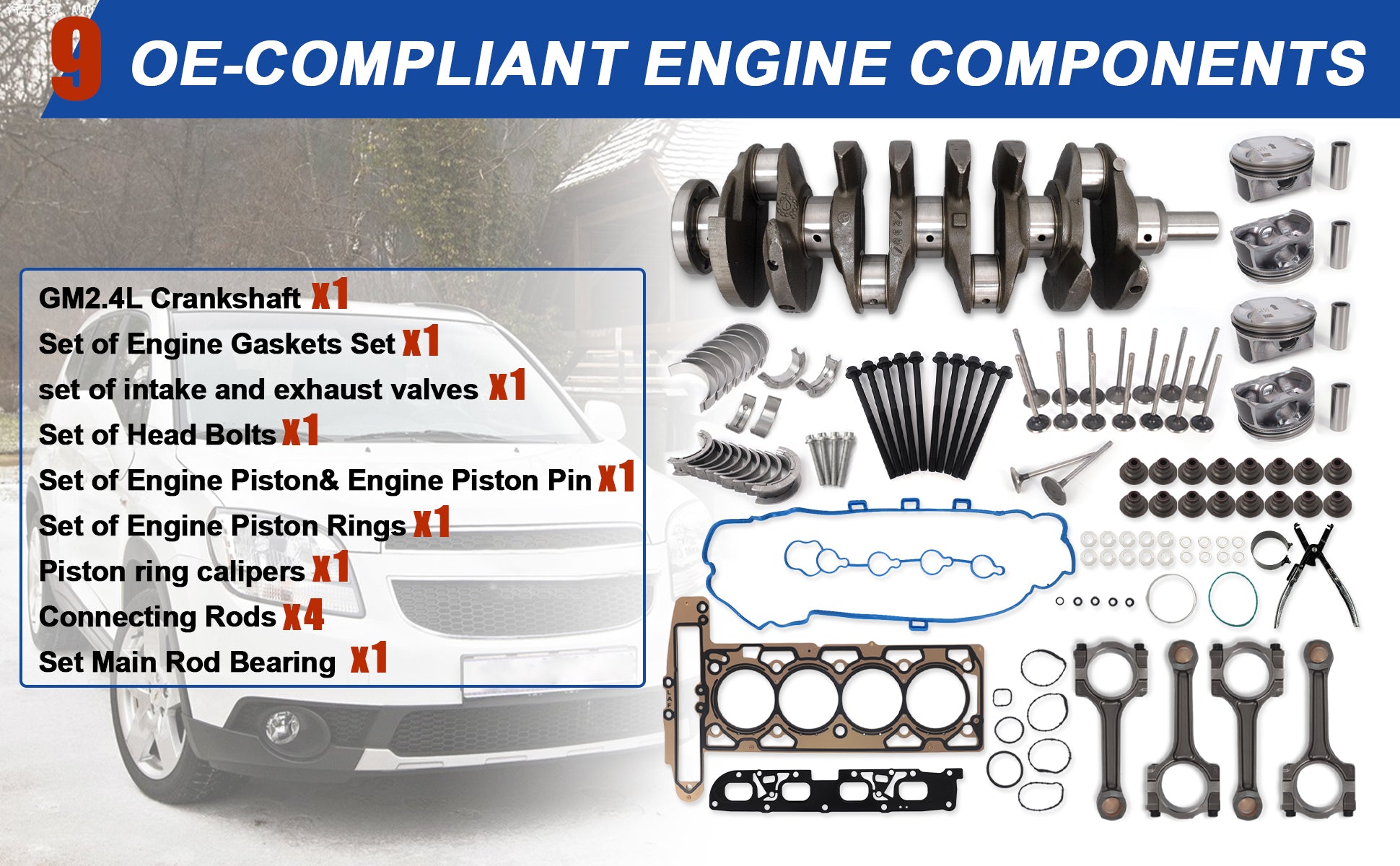 2011-2017 GM 2.4L Ecotec Engine Rebuild Kit w/ Crankshaft, Pistons, Connecting Rods & Head Gasket Set - Chevy Equinox, Malibu, GMC Terrain, Buick Regal