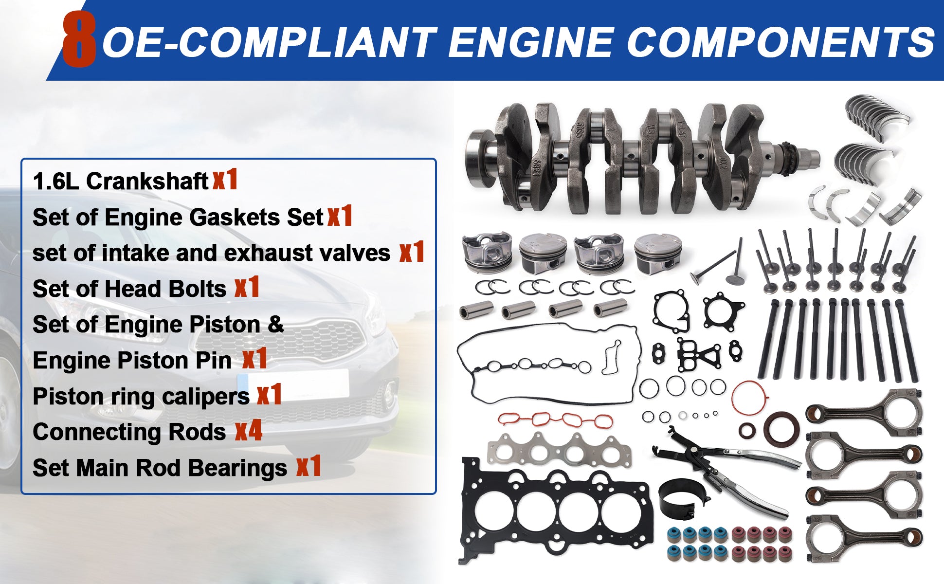 1.6L G4FJ Engine Rebuild Overhaul Kit w/ Crankshaft, Pistons, Rods, Valves & Gaskets for Hyundai Kia 2011-2022