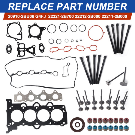 Btscar QZKIT-002 complete engine gasket set, head bolts, and valves replacing 20910-2BU06 for 1.6L G4FJ Hyundai Kia.