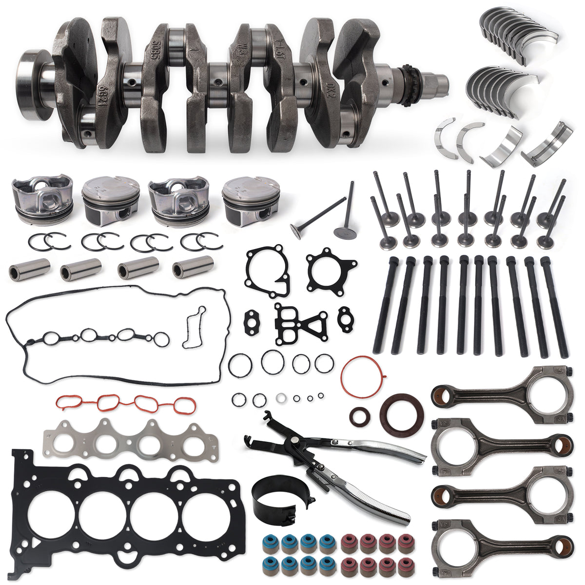 Btscar QZKIT-002 complete 1.6L G4FJ engine rebuild overhaul kit featuring crankshaft, pistons, rods, valves, and gaskets for Hyundai Kia.