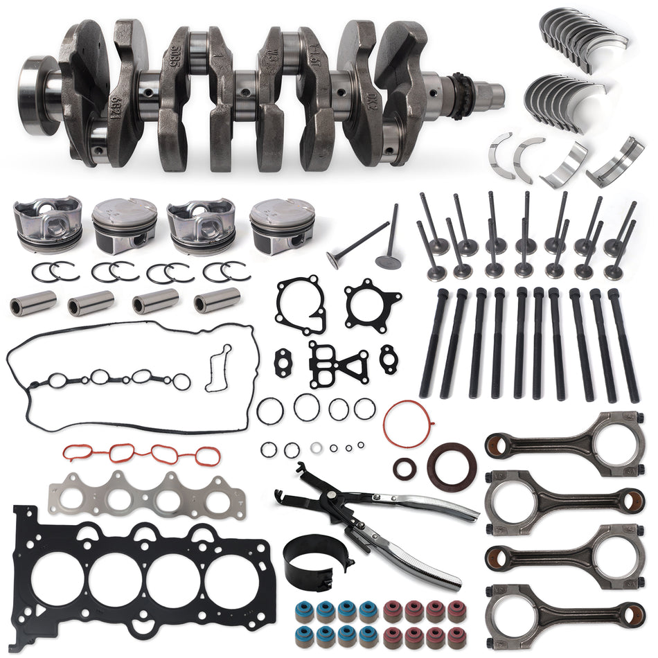Btscar QZKIT-002 complete 1.6L G4FJ engine rebuild overhaul kit featuring crankshaft, pistons, rods, valves, and gaskets for Hyundai Kia.