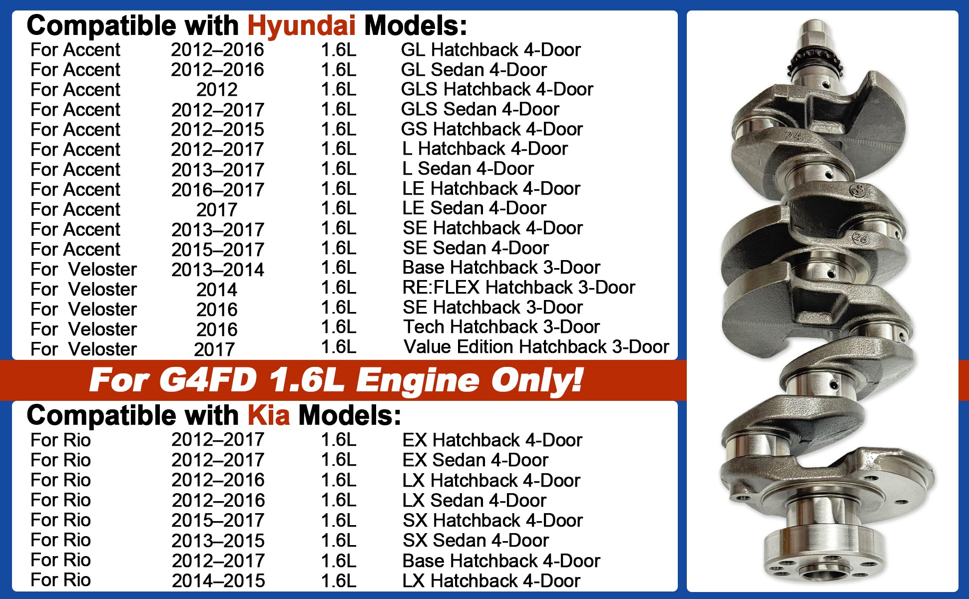 1.6L G4FD Engine Rebuild Overhaul Kit w/ Crankshaft, Pistons, Rods, Valves & Gaskets for Hyundai Kia 2012-2017