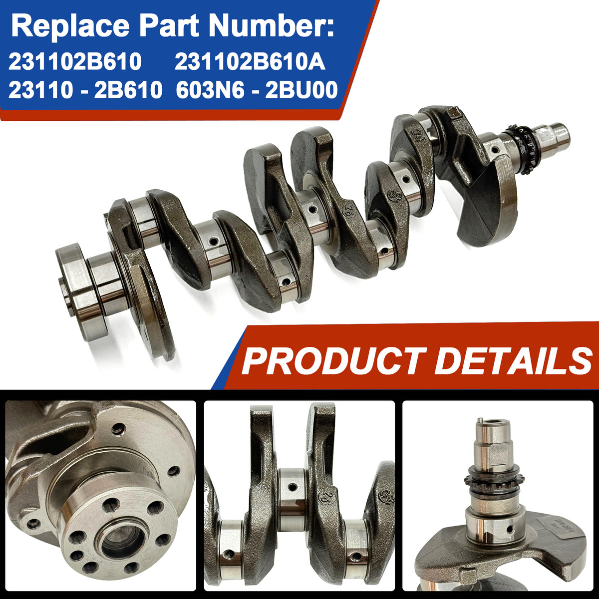 Btscar QZKIT-003 engine crankshaft close-up details showing journals and flanges for 1.6L G4FD Hyundai Kia rebuild.