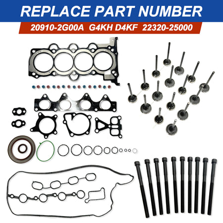Btscar QZKIT-003 complete engine gasket set, head bolts, and valves for 1.6L G4FD Hyundai Kia rebuilds.