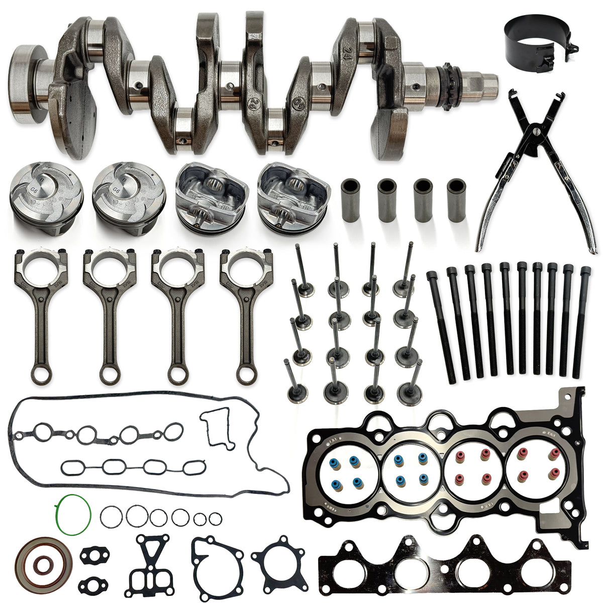 Btscar QZKIT-003 complete 1.6L G4FD engine rebuild overhaul kit featuring crankshaft, pistons, rods, valves, and gaskets for Hyundai Kia.