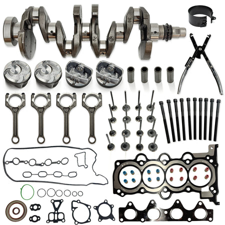 Btscar QZKIT-003 complete 1.6L G4FD engine rebuild overhaul kit featuring crankshaft, pistons, rods, valves, and gaskets for Hyundai Kia.