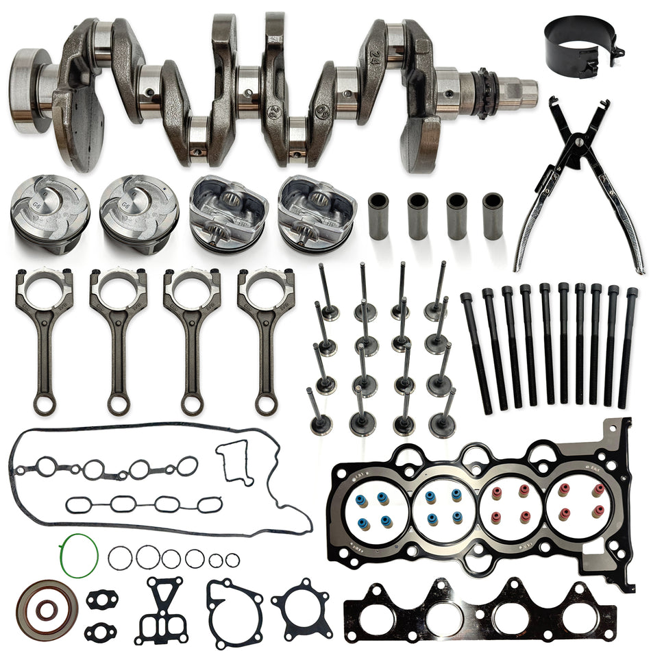 Btscar QZKIT-003 complete 1.6L G4FD engine rebuild overhaul kit featuring crankshaft, pistons, rods, valves, and gaskets for Hyundai Kia.