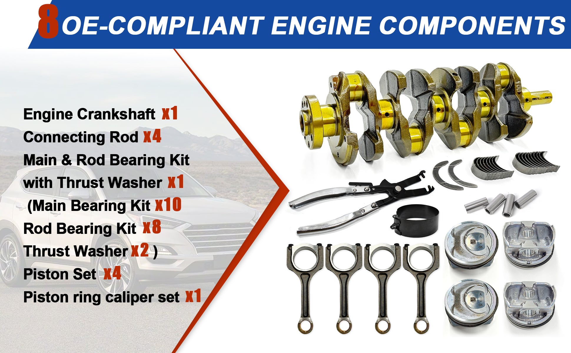 2.4L G4KJ Engine Bottom End Rebuild Kit w/ Crankshaft, Pistons, Rods & Bearings for Hyundai Kia 2011-2020