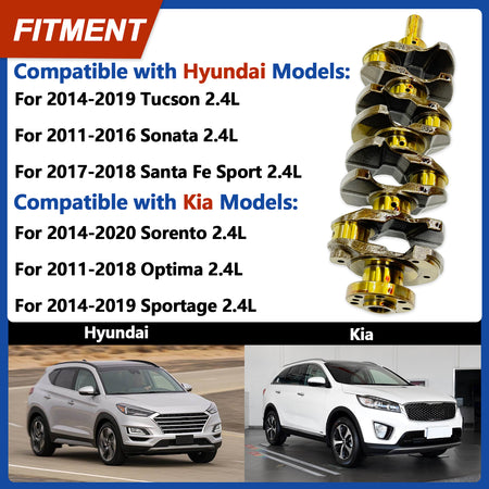 Btscar QZKIT-005 bottom end rebuild kit compatible vehicles list for 2011-2020 Hyundai Sonata, Tucson, Santa Fe, and Kia Optima, Sorento 2.4L G4KJ.