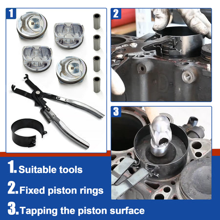 Btscar QZKIT-005 piston installation guide steps using compressor tool and tapping surface for Hyundai Kia 2.4L G4KJ engine blocks.