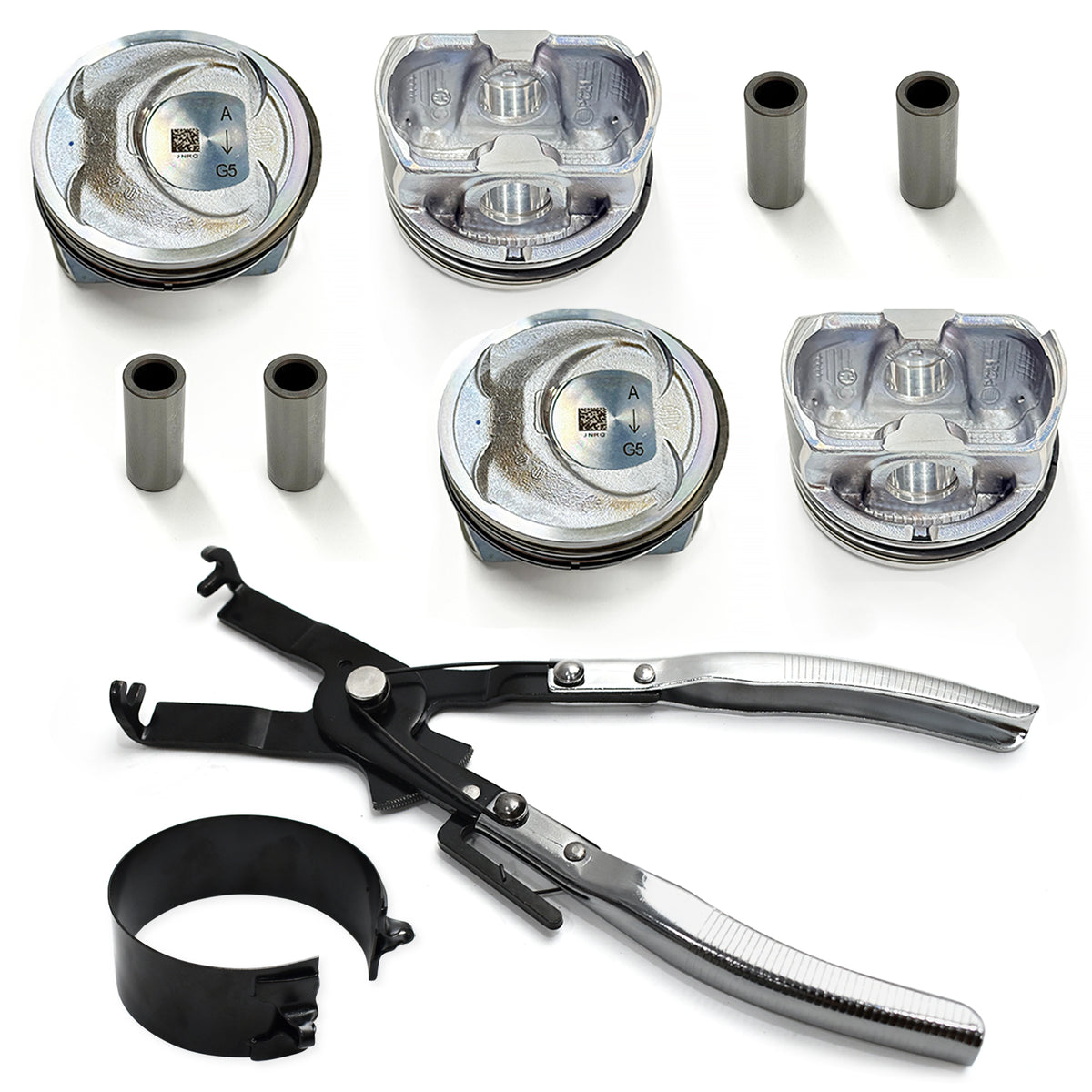 Btscar QZKIT-005 engine piston set, piston pins, and piston ring compressor calipers tool for 2.4L G4KJ Hyundai Kia rebuilds.