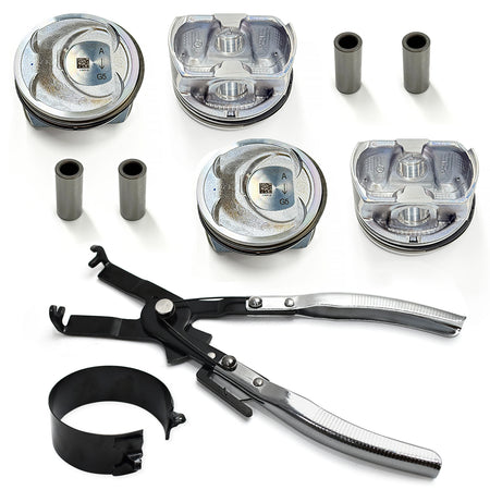 Btscar QZKIT-005 engine piston set, piston pins, and piston ring compressor calipers tool for 2.4L G4KJ Hyundai Kia rebuilds.