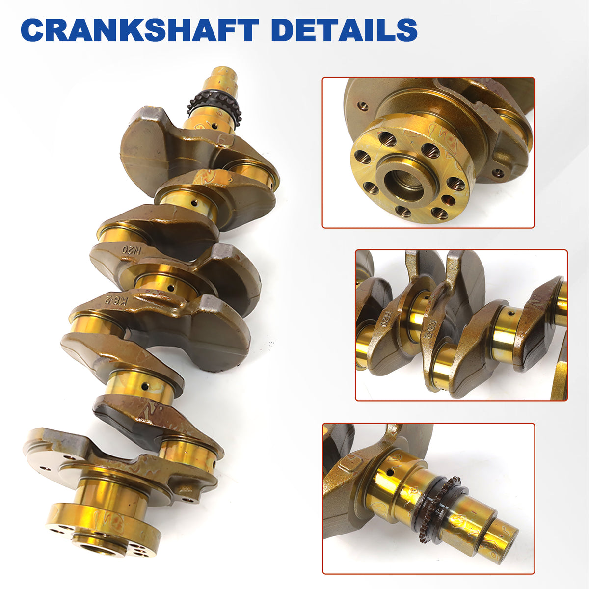 Btscar QZKIT-006 2.0L G4NC engine crankshaft detailed close-up display for Hyundai Kia engine rebuilds.