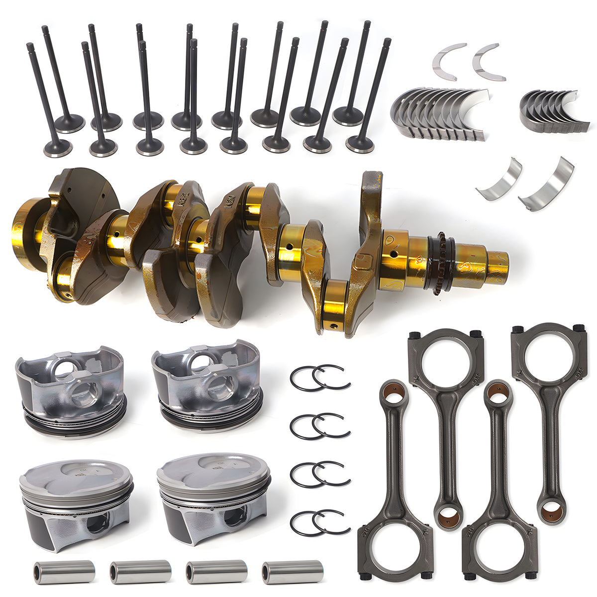Btscar QZKIT-006 2.0L G4NC engine rebuild components showing crankshaft, pistons, and connecting rods for Hyundai Kia.