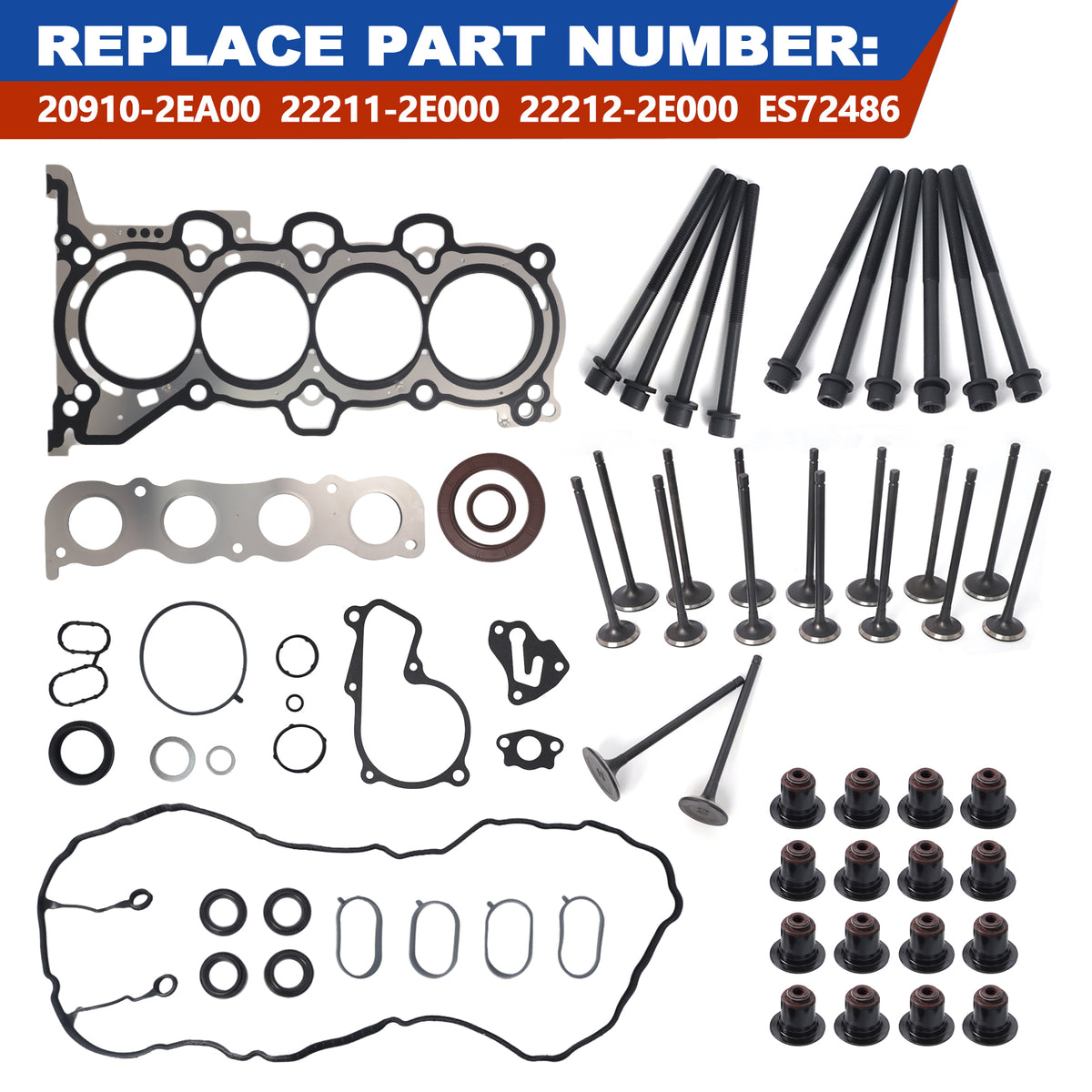 Btscar QZKIT-006 2.0L G4NC cylinder head gasket seal kit, intake exhaust valves, and head bolts for Hyundai Kia.