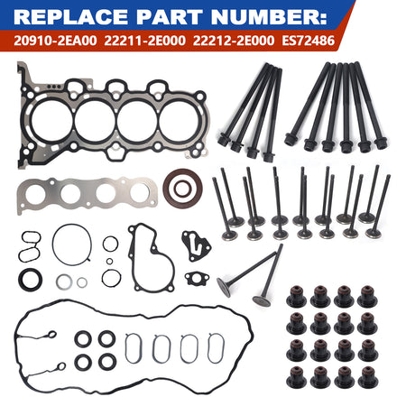 Btscar QZKIT-006 2.0L G4NC cylinder head gasket seal kit, intake exhaust valves, and head bolts for Hyundai Kia.