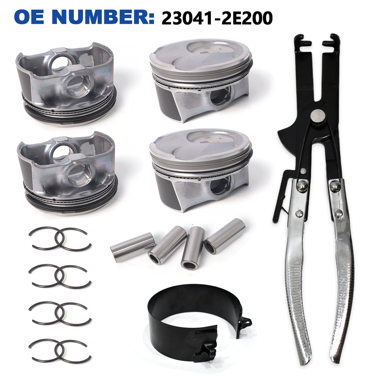Btscar QZKIT-006 2.0L G4NC engine pistons, piston rings, and ring compressor tool for Hyundai Kia.